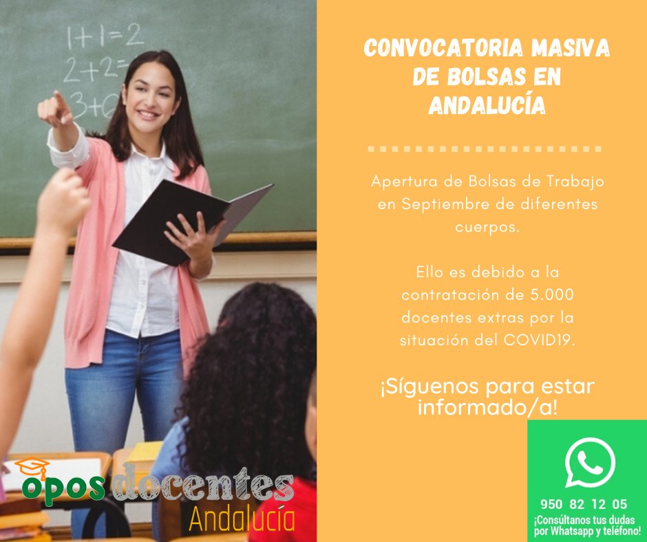 OposicionesDoc1's tweet photo. Convocatoria masiva de Bolsas en Andalucía
Apertura de Bolsas de Trabajo en Septiembre de diferentes cuerpos.

Ello es debido a la contratación de 5.000 docentes extras por la situación del COVID19.
https://t.co/1eT1ZhyNHX 

#interinos #primaria #música #oposiciones #bolsas https://t.co/yRSh8FYJcV