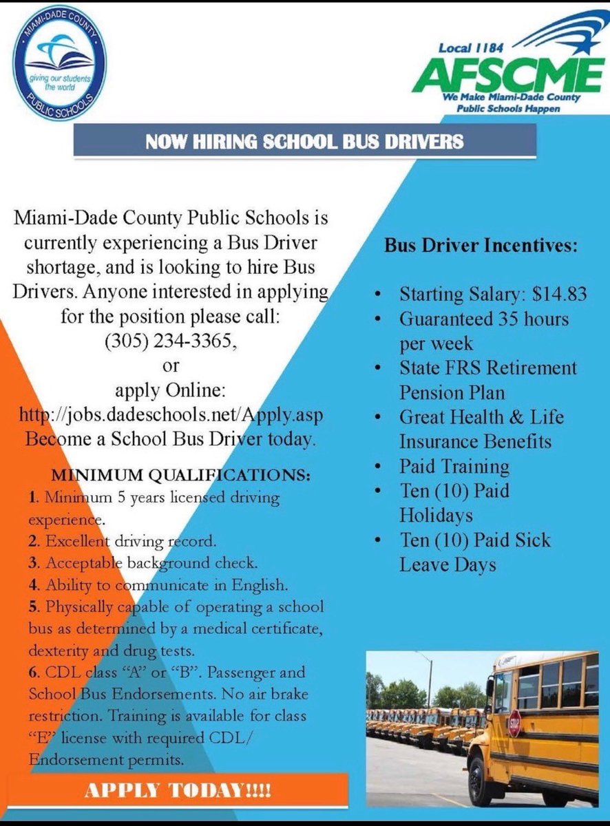 mdcpsjobs's tweet image. Join Our Department of Transportation Team! Now Hiring Bus Drivers  #mdcps #miamisup