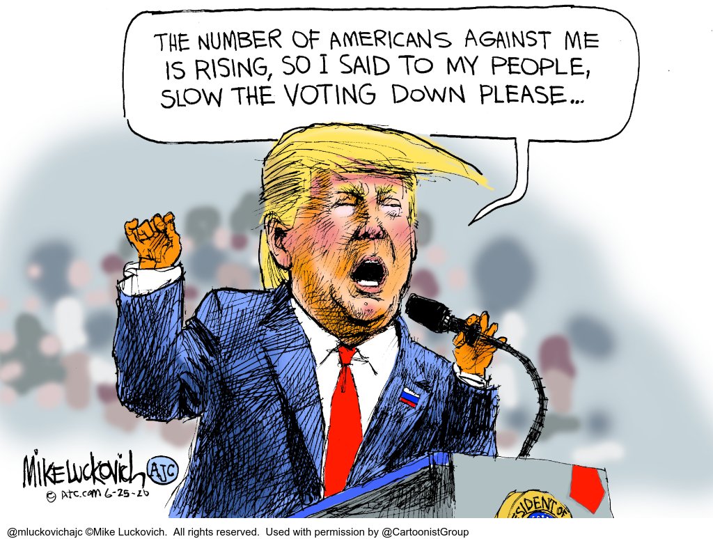 cartoonistgroup's tweet photo. #TrumpReality: Slowing down = good
Slow down #CovidTesting = less #Covid19
Slow down #Voting = less #Votes
#2020Election #VotingCartoons
#VotingRights #VoteSuppression #VoterTurnout
Cartoon from the archive of @mluckovichajc
RT @CartoontheVote https://t.co/rXTVg4pLOh
