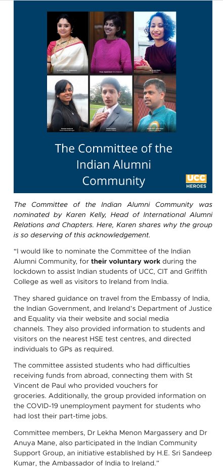 UCC Indian Alumni (@uccindianalumni) on Twitter photo The Committee of <a href="/UCCIndianAlumni/">UCC Indian Alumni</a> has been nominated as "UCC Heroes" by #KarenKelly, Head of Alumni Relations and Chapters of @UCCAlumDevel . Thank you for this honour Karen!
<a href="/lekha513/">Dr. Lekha Menon Margassery</a> <a href="/Kate_McSweeney/">Kate McSweeney</a> <a href="/IndiaUcc/">UCC India</a> <a href="/pfitzp3/">Patrick Fitzpatrick</a> @osheaucc <a href="/AddsOS/">Ann-Marie O'Sullivan</a> <a href="/UCCInt/">UCC International</a> <a href="/uccalumnilondon/">UCC Alumni London</a> <a href="/EoinBearla/">Eoin English</a> The Committee of <a href="/UCCIndianAlumni/">UCC Indian Alumni</a> has been nominated as "UCC Heroes" by #KarenKelly, Head of Alumni Relations and Chapters of @UCCAlumDevel . Thank you for this honour Karen!
<a href="/lekha513/">Dr. Lekha Menon Margassery</a> <a href="/Kate_McSweeney/">Kate McSweeney</a> <a href="/IndiaUcc/">UCC India</a> <a href="/pfitzp3/">Patrick Fitzpatrick</a> @osheaucc <a href="/AddsOS/">Ann-Marie O'Sullivan</a> <a href="/UCCInt/">UCC International</a> <a href="/uccalumnilondon/">UCC Alumni London</a> <a href="/EoinBearla/">Eoin English</a>
