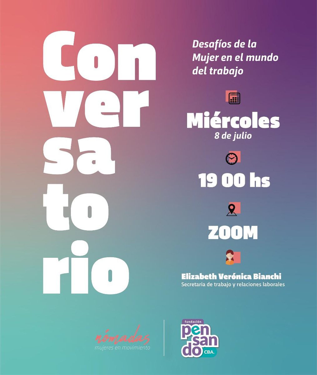 FundPensandoCba's tweet photo. El próximo miércoles 8 de julio a las 19hs hs te invitamos a que nos acompañes en el Conversatorio que compartiremos Elizabeth Verónica Bianchi
Secretaria de Trabajo y relaciones laborales de la provincia de Córdoba. (sigue) https://t.co/ynXEM1kmrn