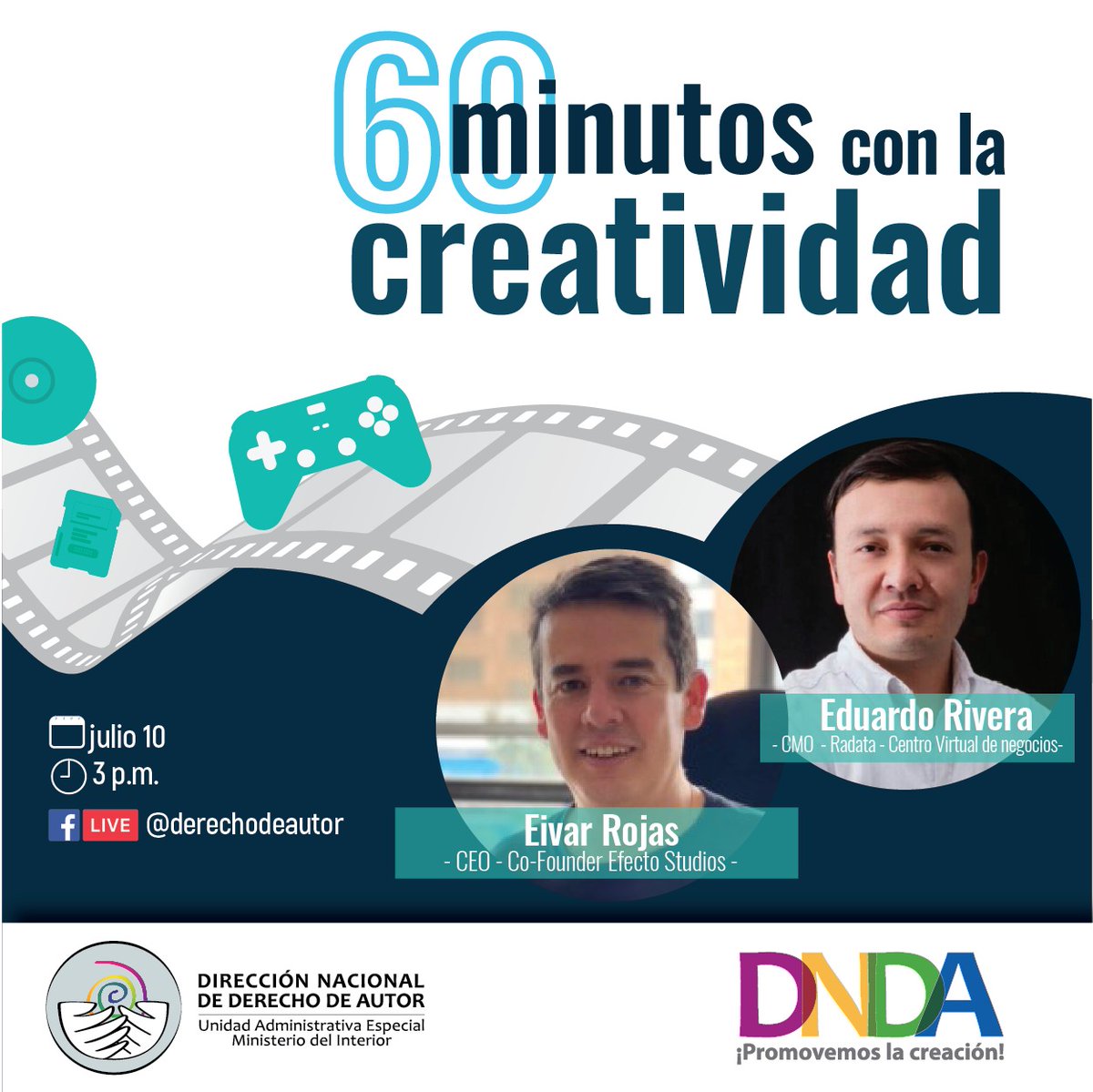 Nos vemos este viernes en #60MinConLaCreatividad, para hablar del apasionante y retador mundo de los videojuegos con <a href="/eivarrocas/">Elbarroco</a> CEO de <a href="/EfectoStudios/">Efecto Studios</a>, <a href="/RiveraEdu/">Eduardo Rivera</a> CEO de Redata y la moderación de <a href="/CRomeroRomero2/">Carolina Romero</a>

🗓️10 de julio
⏰3:00 p.m.
🌐Facelive: <a href="/derechodeautor/">Dirección Nacional de Derecho de Autor de Colombia</a>