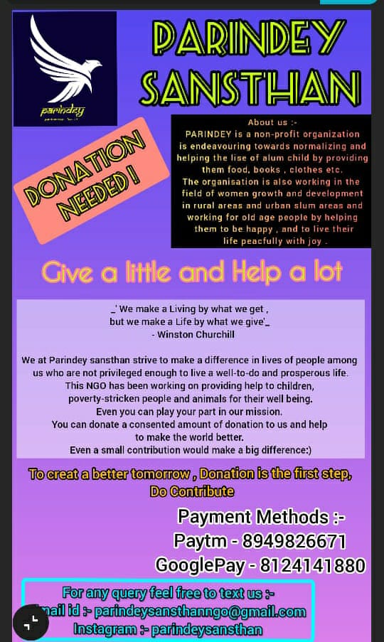 ParindeyNGO's tweet photo. Wanna support our initiatives ? Do your bit by donating ! 
#ngodonation #charity #ngo #onlinecharity https://t.co/fCifN6PmWv