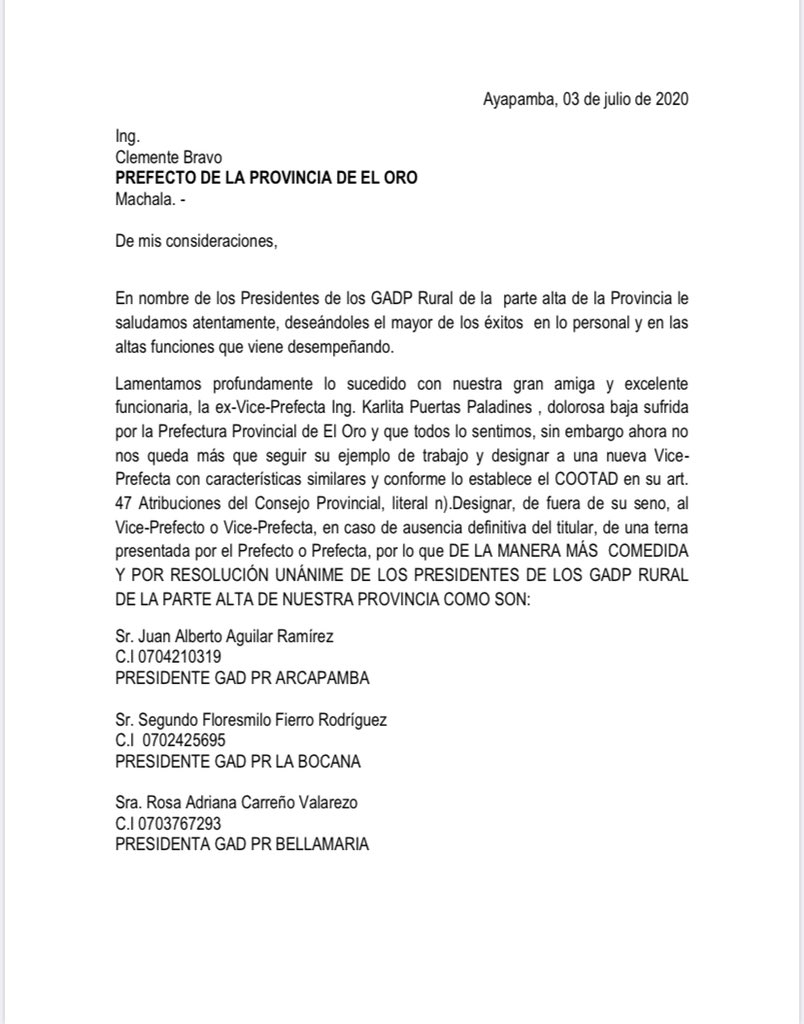 RadioElite1027's tweet photo. Representantes de los Gad Parroquial de la parte alta de #ElOro piden por oficio al prefecto @ClementeBravoR designar a la Ing. Diana Camino Ramírez como Viceprefecta. https://t.co/niEE6extxV