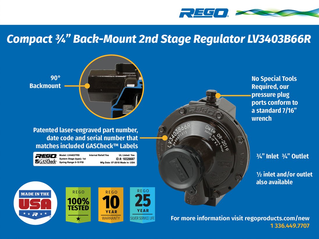 RegOproducts's tweet photo. The LV3403B66R Back Mount Regulator is designed to reduce 1st stage pressure of 5-10 PSIG down to burner pressure normally 11” w.c. Designed as a 2nd stage regulator for smaller application with flow requirements up to 450,000 BTU/hr. &amp; are ideal for homes,mobile homes &amp; cottages https://t.co/rgRSk96KqU