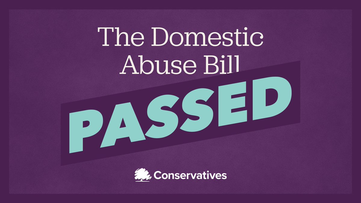Conservatives's tweet photo. ✍️✅ Tonight our #DomesticAbuseBill 𝙋𝘼𝙎𝙎𝙀𝘿 in the House of Commons.
🌟 Our landmark Bill will strengthen protections for victims, whilst also tackling perpetrators at the earliest stage and ensuring they face the full force of the law. https://t.co/Ov7LgaTrQN