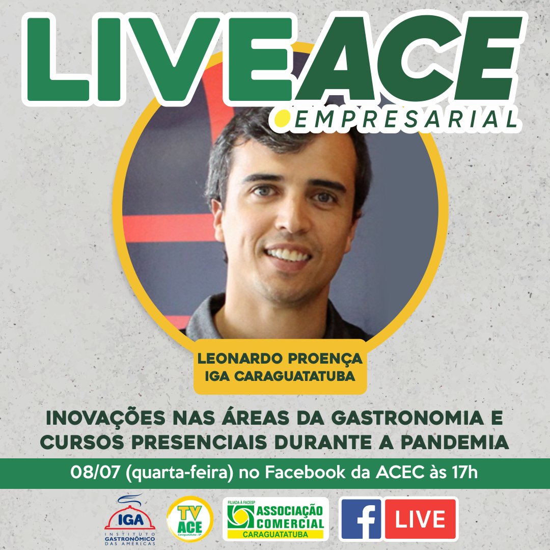 ace_caragua's tweet photo. Na próxima quarta-feira (08/07), às 17h, receberemos na nossa LiveACE o Leonardo Proença.
Vamos conversar sobre inovações nas áreas da gastronomia e cursos presenciais durante a pandemia.
Nos encontramos lá?
#acecaraguá #caraguatatuba #liveaceempresarial #liveace https://t.co/XNwcIRfhjS