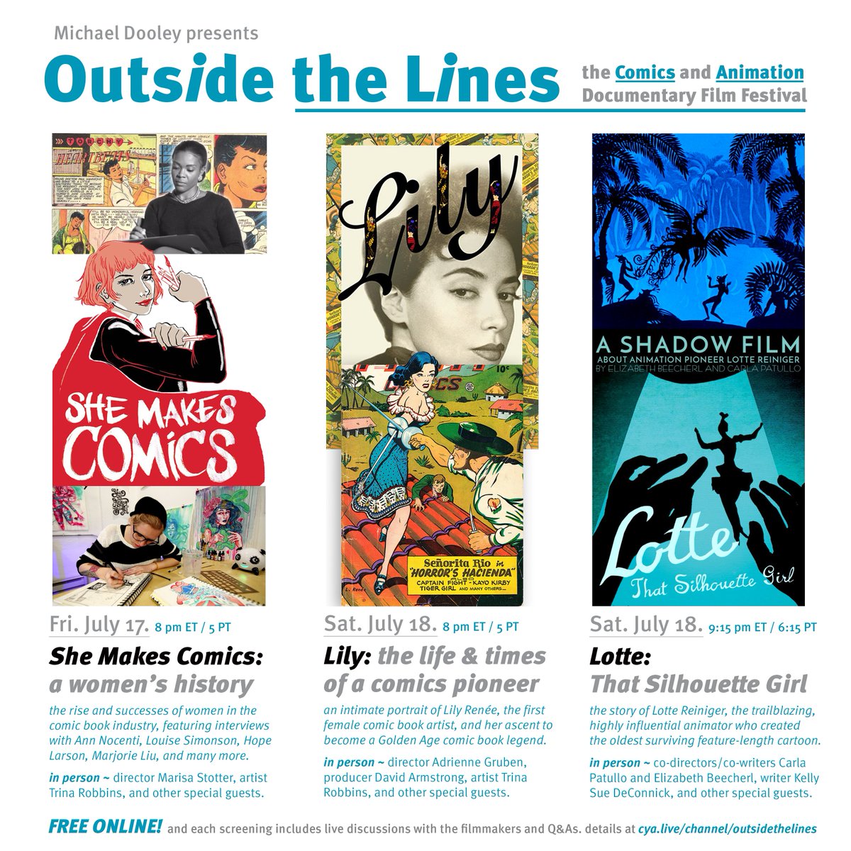 trick_studio's tweet photo. Outside The Lines: the Comics and Animation documentary Film Festival

If you missed Lotte that Silhouette Girl at festivals, catch it live Sat. July 18th with @gocyalive and a Q+A with @mdooleydesign and co-directors @WhiteWidowMusic and Elizabeth Beech.

https://t.co/QAfa5puAfA https://t.co/SlJHUIeyWR