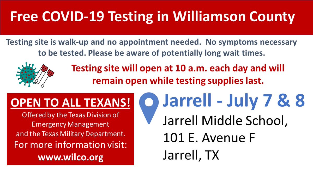 Free COVID-19 testing is underway in Jarrell! Any Texan needing or wishing to get tested is welcome to the walk-up site. Results are expected within three to five days. The site will remain open until supplies last. Share this information with your loved ones!