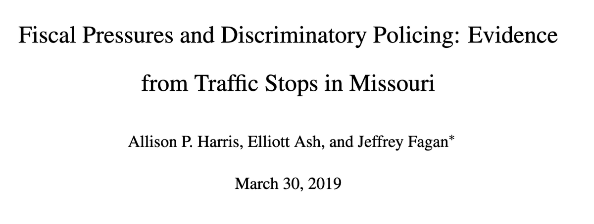 456/ "When higher short-run revenue is necessary, officers shift their limited resources of time to increased targeting of white drivers. ... police focus ... on people of color in the absence of fiscal distress, despite lower hitrates among these motorists than white drivers."