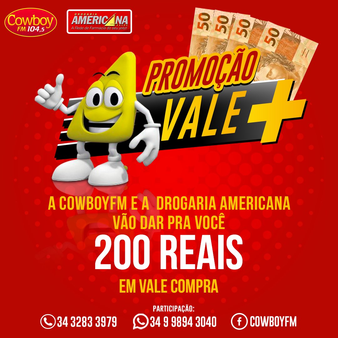 CowboyFM1's tweet photo. A Cowboy FM e a Drogaria Americana no final do mês vai sortear $200,00 em vale compra!!! Participe!!! 
#CowboyFM #PrimeiroLugarEmTodoLugar https://t.co/UTMqXTfRuG