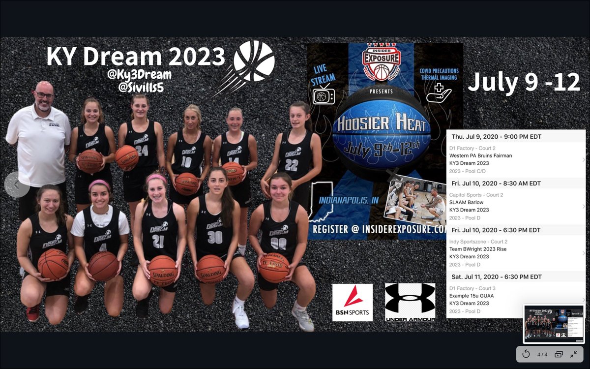 KY Dream debut at Hoosier Heat July 9-12. 
New program, new opportunities, can't wait! Individual profiles coming soon. 
<a href="/InsiderExposure/">InsiderExposure</a> <a href="/RyanP_BSN/">Ryan Proffitt</a> <a href="/vaughtsviews/">Vaughts' Views</a> <a href="/PrepSpin/">PrepSpin</a> <a href="/CoachSouder/">Chris Souder</a> <a href="/conn_or10/">Connor Souder</a> <a href="/CoachHayley/">Hayley Lynne Spivey</a> <a href="/PGHKentucky/">Prep Girls Hoops Kentucky</a> <a href="/CoachStallings2/">Chris Stallings</a> <a href="/CoachPigman/">Coach Sean Pigman</a> <a href="/Sivills5/">Scott Sivills</a> <a href="/PrepGirlsHoops/">Prep Girls Hoops 🏀</a>