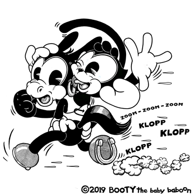 Booty The Baby Baboon 赤ちゃん おさるの ブーティー 今日は何の日 ポニーテールの日 ジョッパーは 駆けっこ が 大好き な 子馬 尻尾 は さらさら イラスト お絵描き 絵 落書き Illust コミックアート Comicart キャラクター