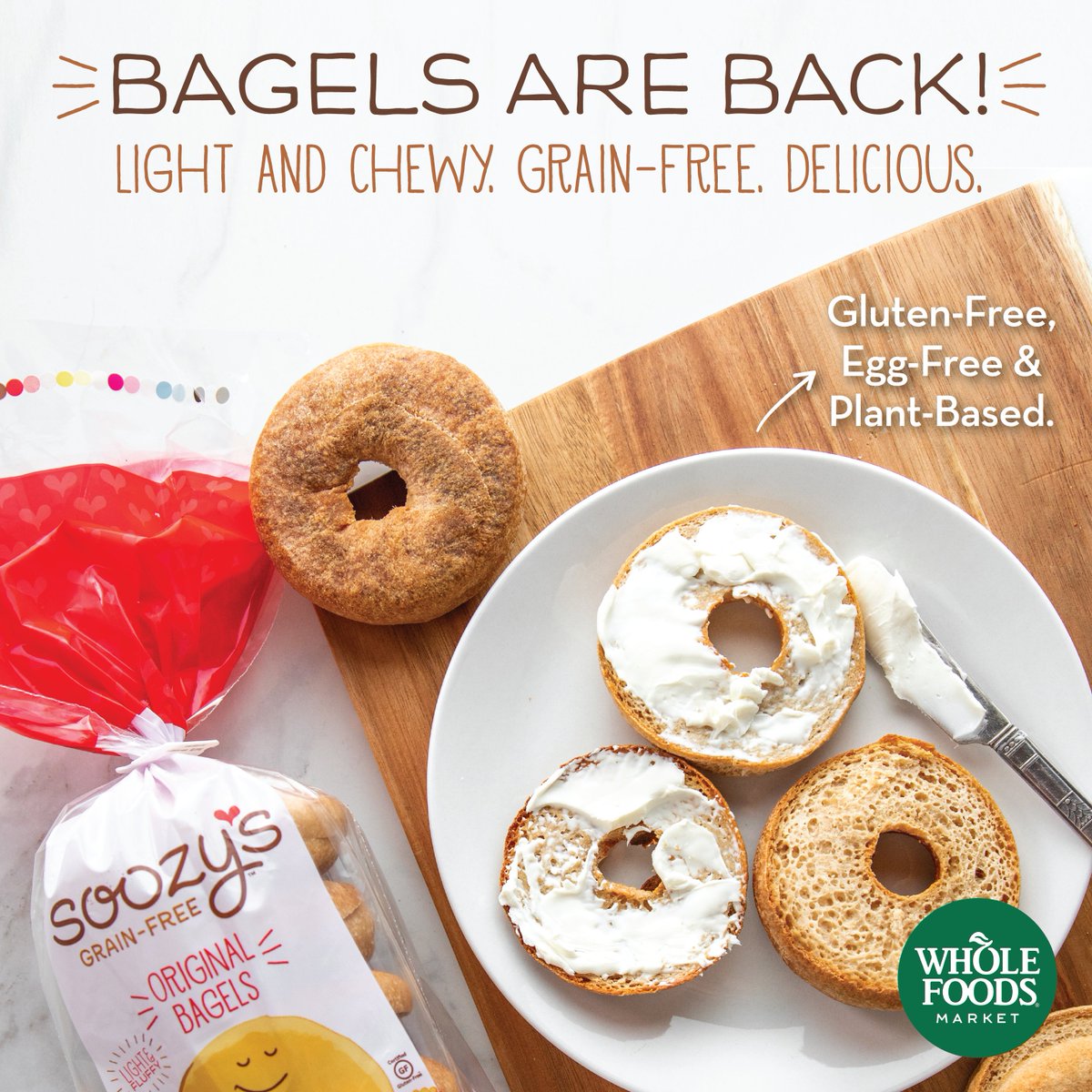 Introducing Soozy's NEW grain-free, #plantbased bagels! They're light and chewy, made with nutrient-dense ingredients, and are truly delicious. Find them at your local <a href="/WholeFoods/">Whole Foods Market</a> store, nationwide. 🥯 🍞#soozysgrainfree #eggfree #newproductalert
