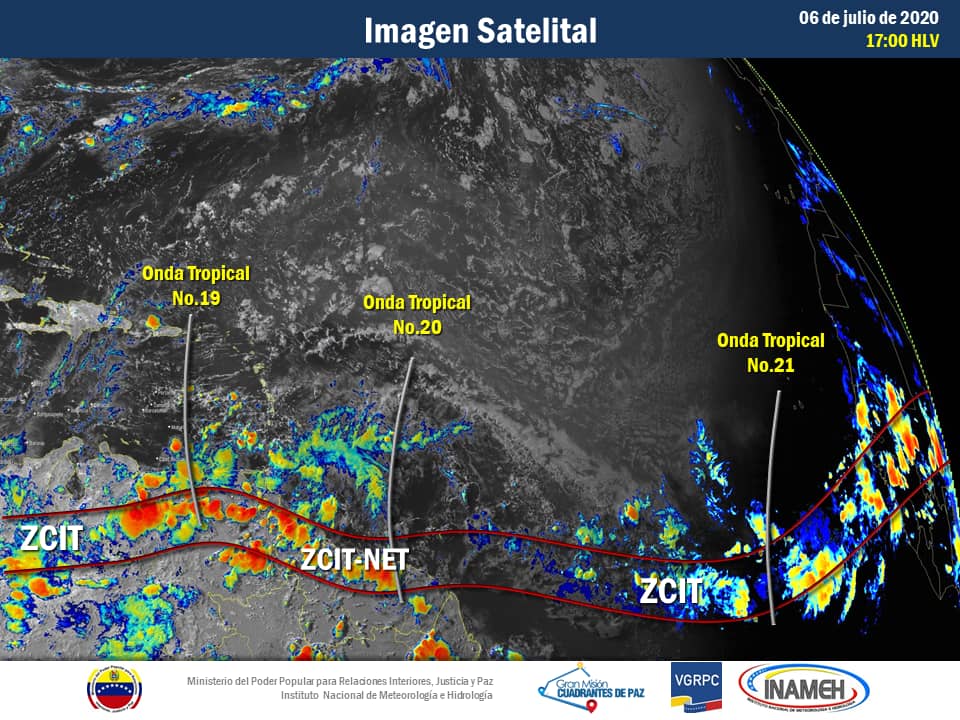 DGNBEnLinea's tweet photo. #6Jul #INAMEHInforma Ubicación actual de las Ondas Tropicales que transitan el Atlántico-Caribe. La #OT19 se desplaza por el territorio nacional interactuando con la ZCIT, originando múltiples núcleos generadores de precipitaciones y tormentas #Reporte 17:00 HLV. https://t.co/GiozpiEIRy