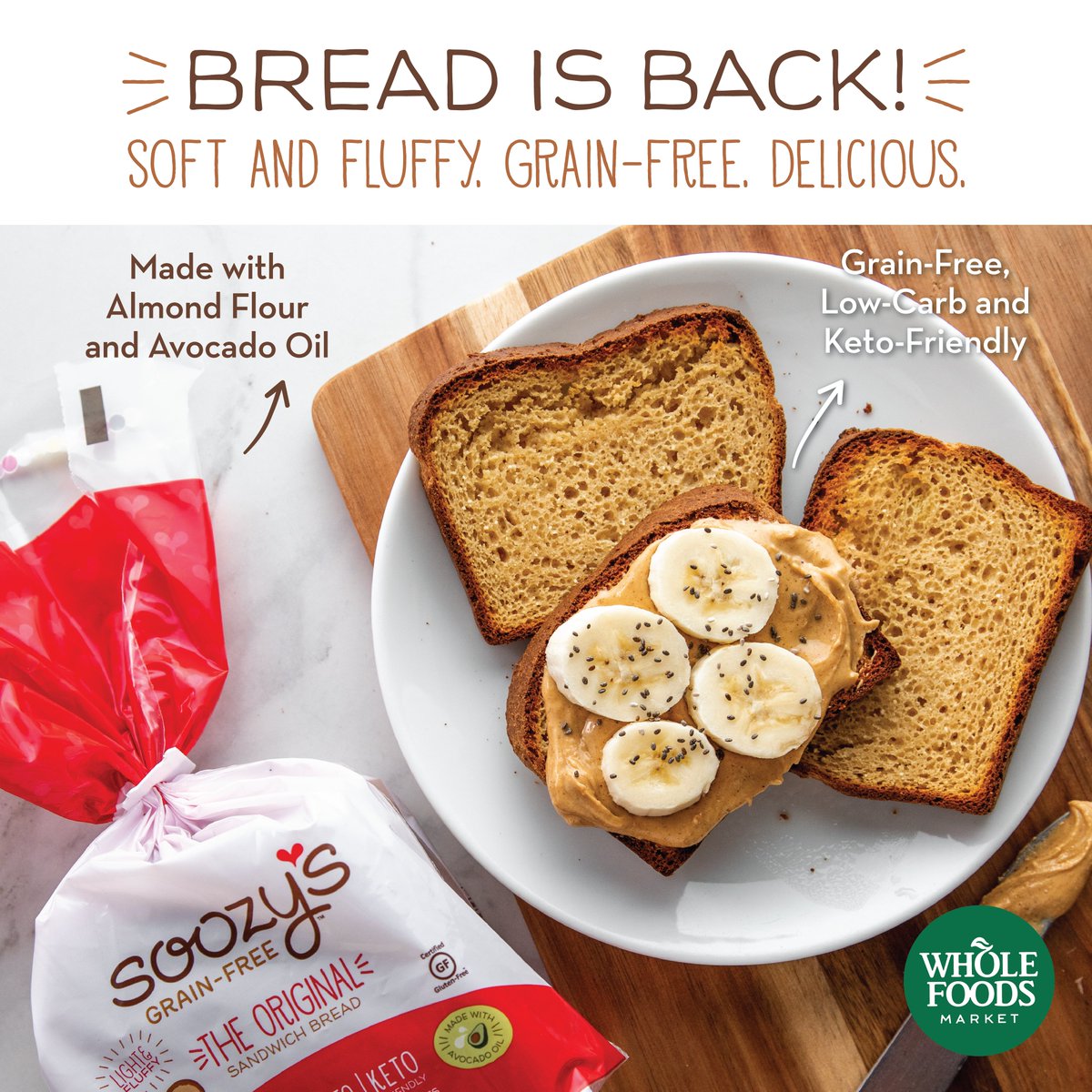 Bread is back! Introducing our NEW, #grainfree, #lowcarb bread! It's soft and fluffy, made with wholesome ingredients like almond flour and avocado oil, and is toast-ally yummy! Find them at <a href="/WholeFoods/">Whole Foods Market</a> stores nationwide. 🥯🍞 #soozysgrainfree #newproductalert