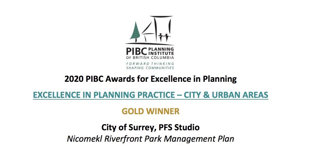 _PIBC's tweet photo. It was a pleasure to award @CityofSurrey, PFS Studios &amp; their project partners #PIBC2020 Gold for Excellence in Planning Practice - City &amp; Urban Areas! Read more about the award-winning vision for the Nicomekl Riverfront Park: https://t.co/MTlyLlWLpO https://t.co/WGKLviWKZt