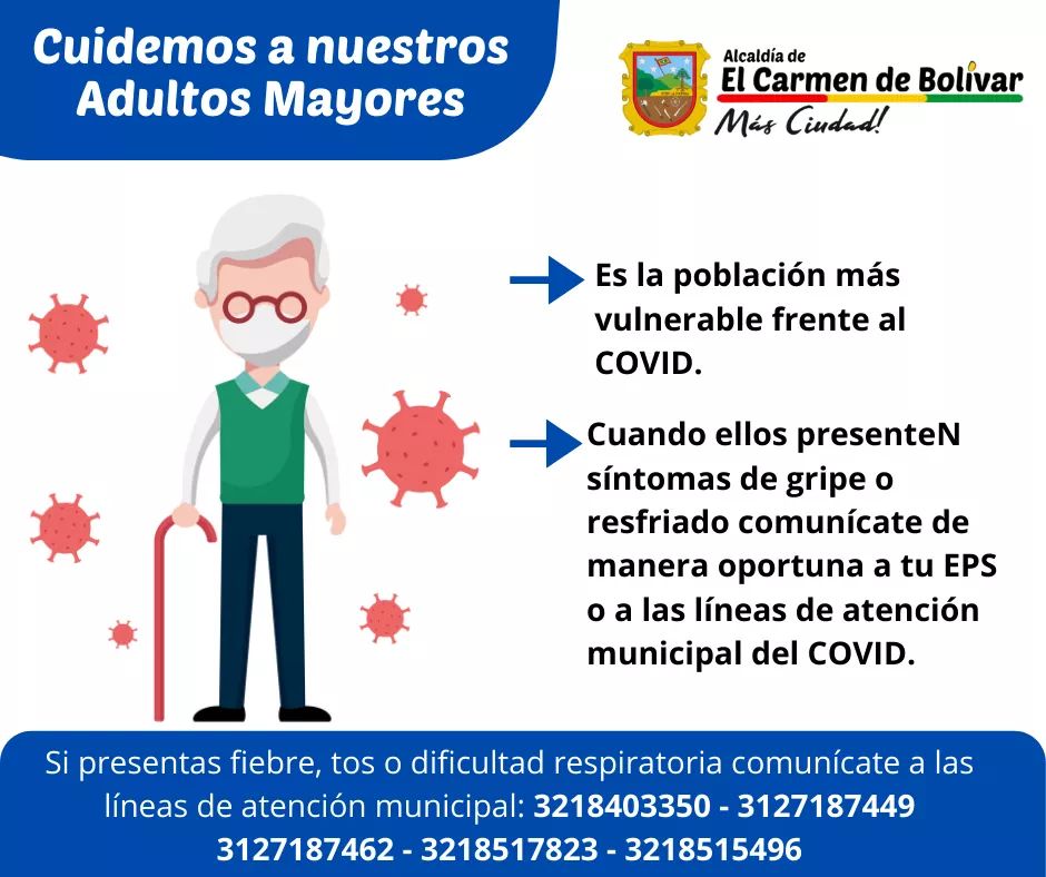 elcarmenmasc's tweet photo. Nuestros adultos mayores son parte de nuestra prioridad, es por eso que te invitamos a comunicarte de manera oportuna a la EPS o las líneas de atención municipal COVID 19 al momento que ellos presenten algún síntoma leve. 

No dejes pasar el tiempo la salud es compromiso de todos https://t.co/Uo0OZpmm7p