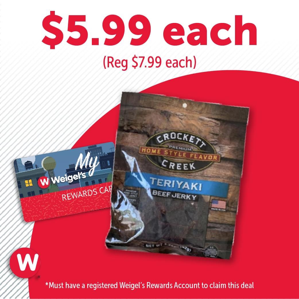 During the month of July with your Weigel’s Store Reward Card our enjoyable beef jerky is $5.99 at all store locations! #sale #protein #snack #snackbreak #beef #beefjerky #crockettcreek