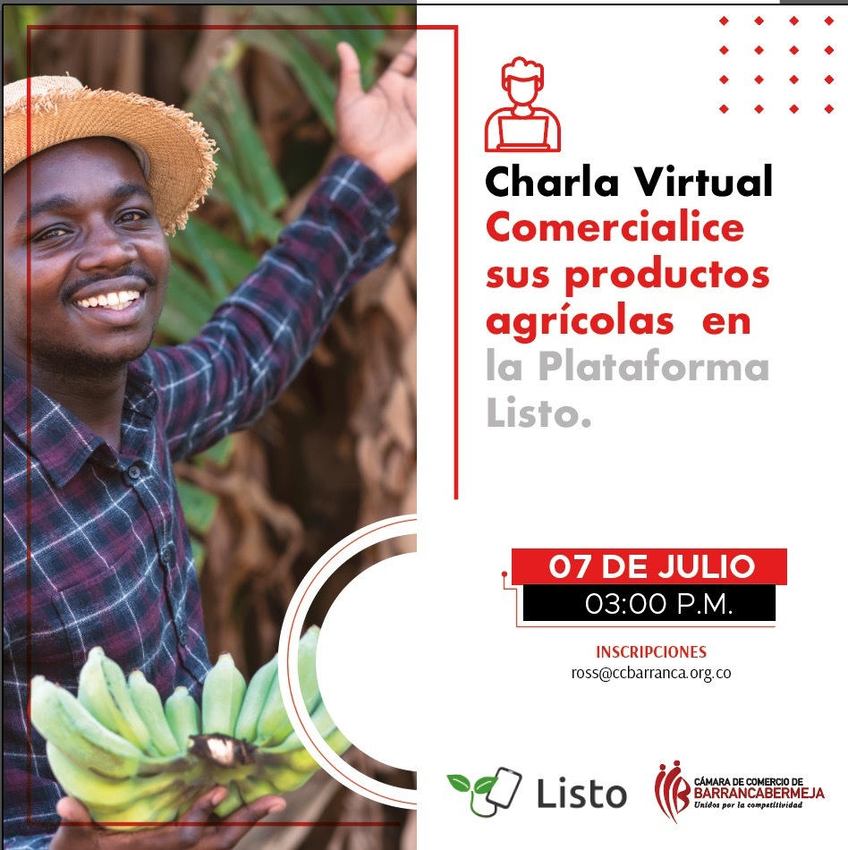 #RedDeAbastecimiento | Mañana a las 3 de la tarde daremos inicio a nuestra charla virtual sobre el comercio digital de productos agrícolas en el departamento de #Santander a través de #Listo. ¡Te esperamos!
Inscripciones: bit.ly/3ioNEyV
<a href="/ccbarrancabja/">ccbarrancabja</a>