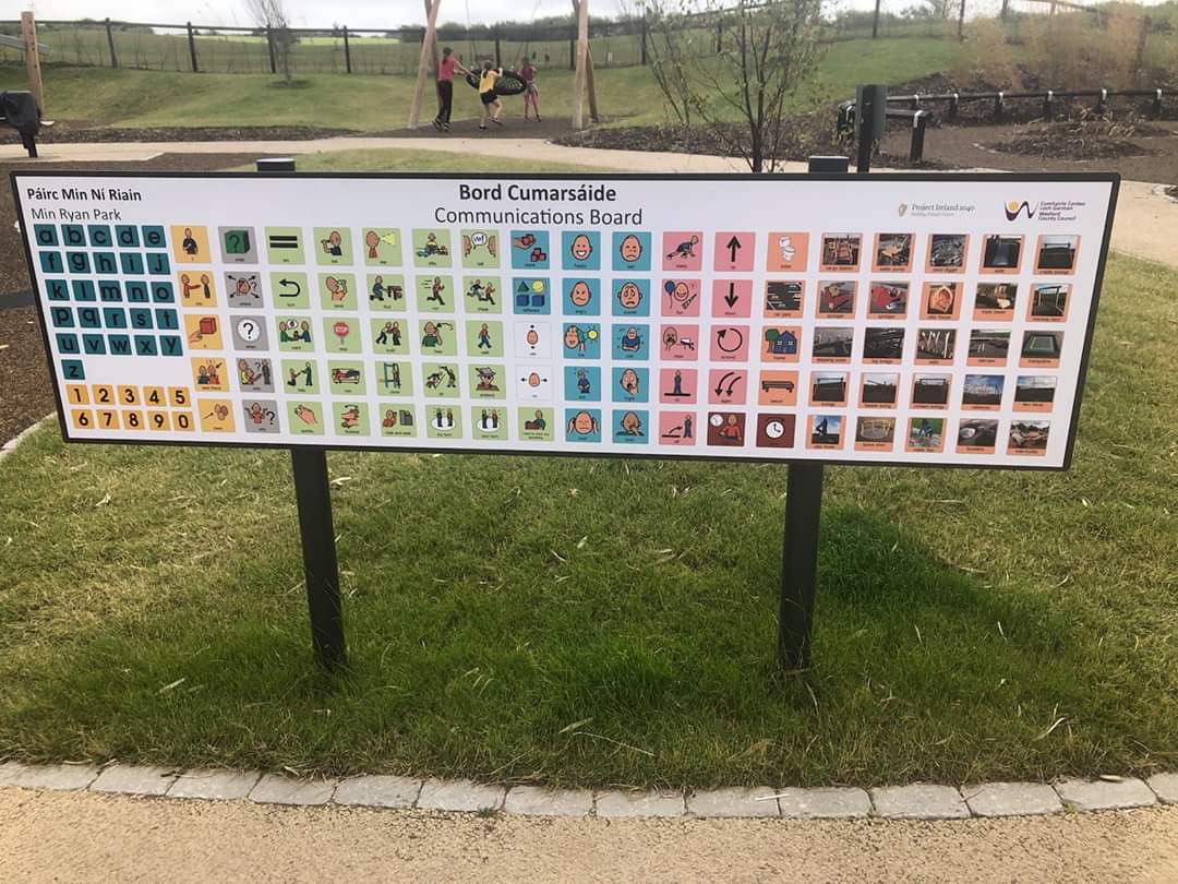 JenWhelan86's tweet photo. Thrilled to see the communication board I designed for Min Ryan Park in place and having a positive impact already. Thank you @wexfordcoco for showing interest in this initiative. Thank you @UL and @centralremedial for sparking my interest in #AAC I would love to see this... https://t.co/vgReXbOIKG