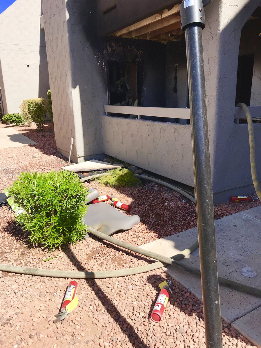 GlendaleFire's tweet photo. Crews are on scene of an apartment fire near 51st Ave and Thunderbird Rd. One man was transported for burns he sustained while trying to extinguish the fire. No word on a final count of how many people will be displaced or a cause as it is still early in the incident. https://t.co/5cZuWfT1hH