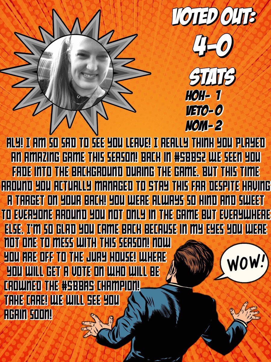 ShaneBigBrother's tweet photo. Aly (@Alycat_xo) you have been evicted from #SBBAS✨. Please gather your belongings, say your goodbyes, and leave all chats.
You are, and will always be an All Star. Now thank you for playing? We will see you again soon! https://t.co/xcvTbgkzz1