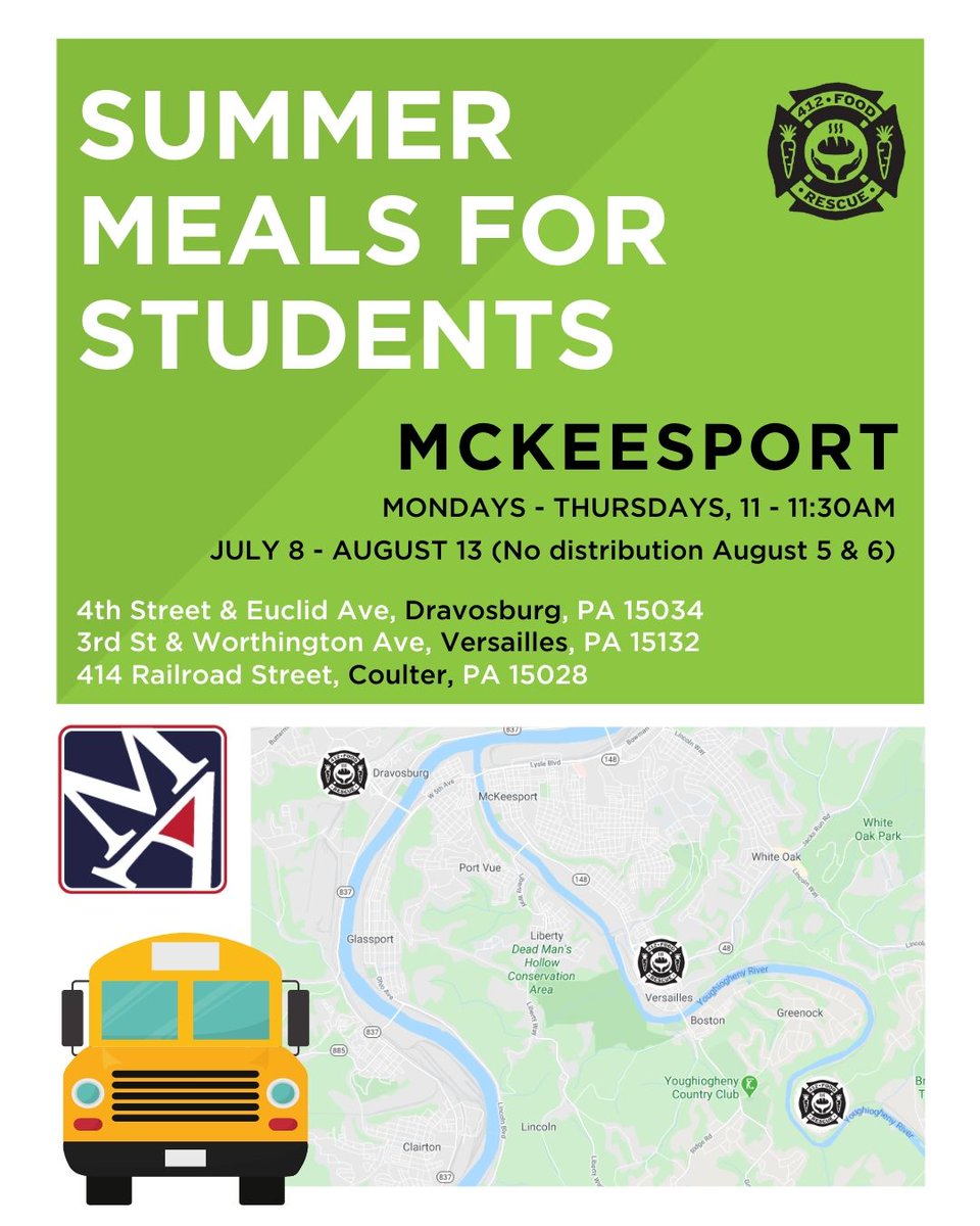 412 Food Rescue (@412foodrescue) on Twitter photo Beep beep! 🚌 Summer meals for <a href="/McKeesportArea/">McKeesport Area SD</a> students! 🚌
Starting July 8th (this Wednesday!), we'll be providing free meals in Dravosburg, Versailles, and Coulter for students in need. ❤
PLEASE RT to help us spread the word! 📣
#McKeesport #Pittsburgh Beep beep! 🚌 Summer meals for <a href="/McKeesportArea/">McKeesport Area SD</a> students! 🚌
Starting July 8th (this Wednesday!), we'll be providing free meals in Dravosburg, Versailles, and Coulter for students in need. ❤
PLEASE RT to help us spread the word! 📣
#McKeesport #Pittsburgh