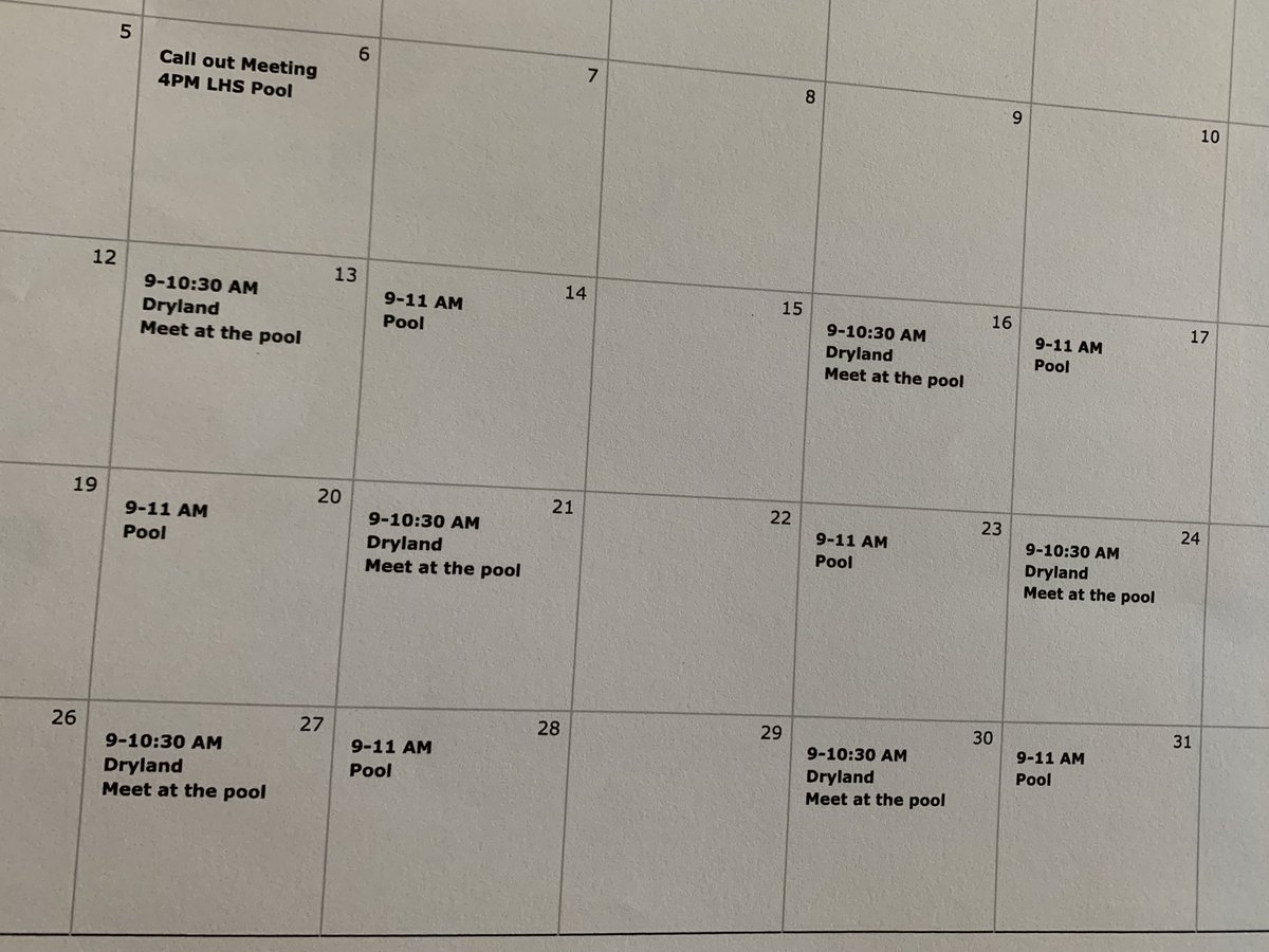 Did you miss the call out meeting? No worries, get ahold of either Coach McLochlin or Coach Shannon. 
Workouts start next Monday July 13th 9AM. 
Dry land on Monday and Thursday, in the pool Tuesday and Friday. 
Check out the schedule!