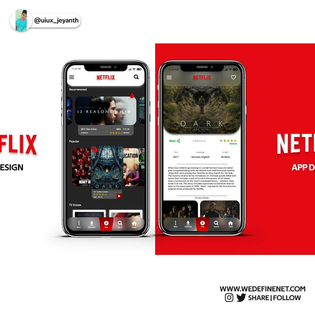 uiuxjeyanth's tweet photo. Next #ui#ux design is Netflix App Re design. 
#uidesign #uxdesign #uiux #app #Applications #Website #webdesign #appdesign #DailyUI #Netflix #designinspiration #designers #design #guide #behance #behappyalways #COVID19 
Follow in Instagram for more Designs.
Link in bio ❤ https://t.co/NnFbpUxUVY