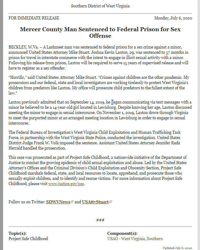  #Justice BECKLEY,WVMan SENTENCED For Intent To Engage In Illicit Sexual Activity With A Minor57 MOS in PRISON  #CSE  Joshua Kevin Laxton, 29, Lashmeet #ChildPredator“Crimes against children are the other pandemic" #Stuart SDWV @POTUS  @TraffickStop  https://tinyurl.com/yan2c3dy&nbsp;