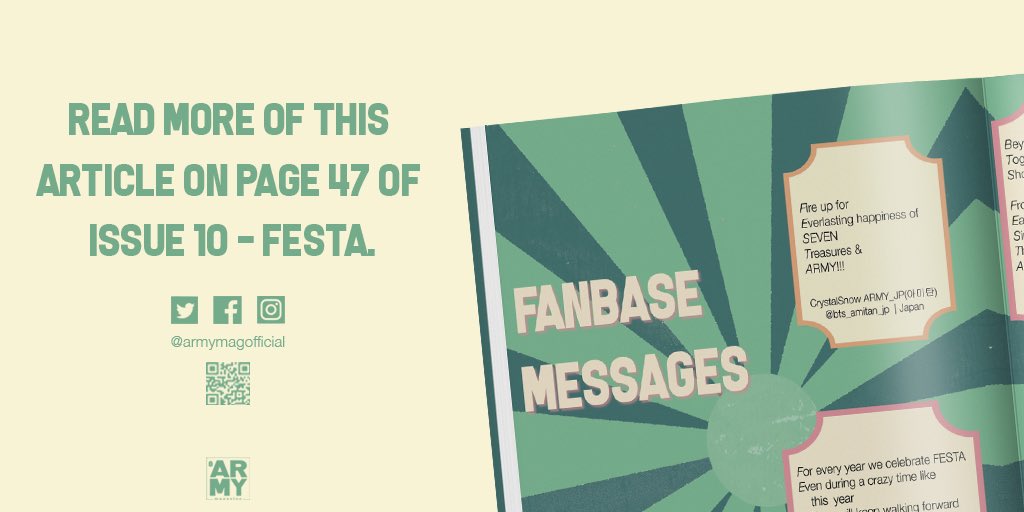 ARMYMAGofficial's tweet photo. 𝐅𝐚𝐧𝐛𝐚𝐬𝐞 𝐌𝐞𝐬𝐬𝐚𝐠𝐞𝐬

Beautiful messages from #BTS fanbases who help guide #BTSARMY!

Check out their heartwarming acrostic poems to @BTS_twt &amp; our fandom in #ARMYMAGAZINE's #ISSUE10! 

🔗https://t.co/Jyx44u722z

#방탄소년단
#AM_ISSUE10
#FESTA_ISSUE10 https://t.co/vgfOcgH9C0
