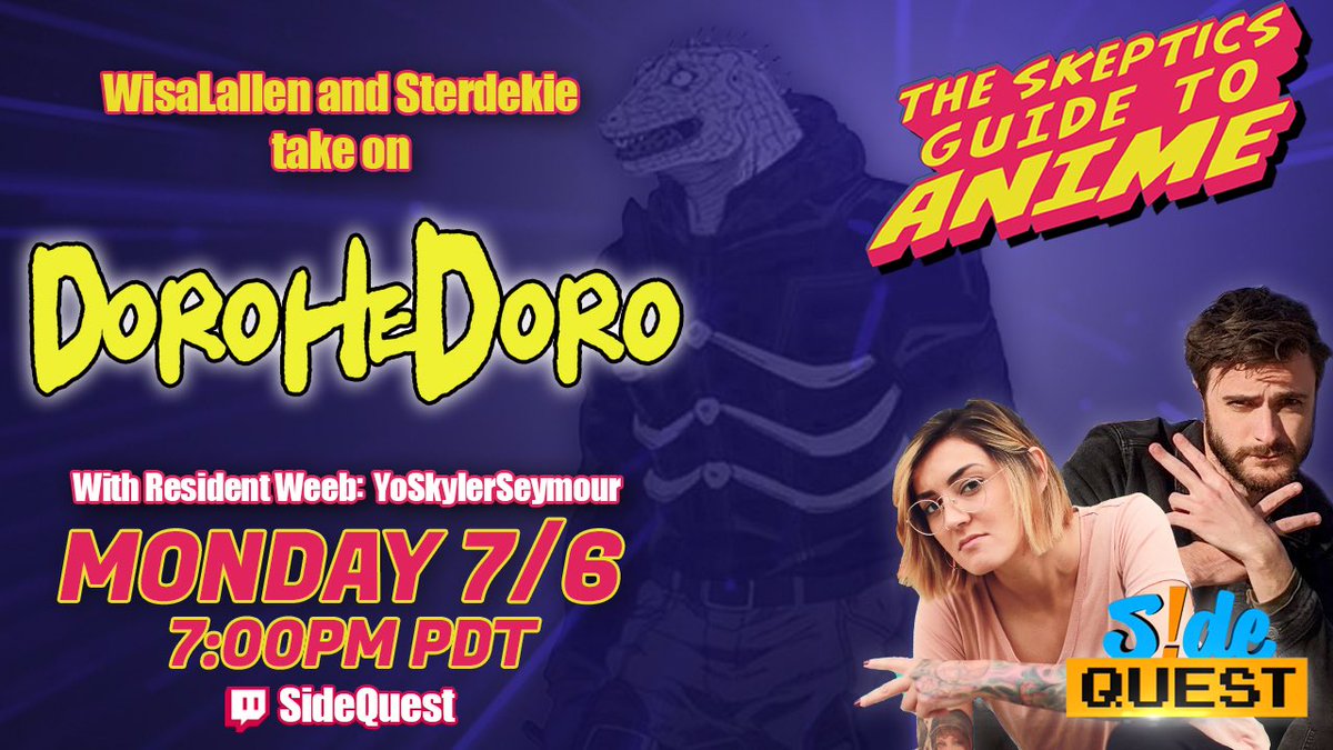 SideQuestLive's tweet image. Our week kicks off with the final episode of skeptics guide to anime with @wisalallen @sterdekietwitch and @YoSkylerSeymour.

We are glad to see dekie finally got his lizard man 💗💛💗See you tonight 
At twitch.tv/sidequest