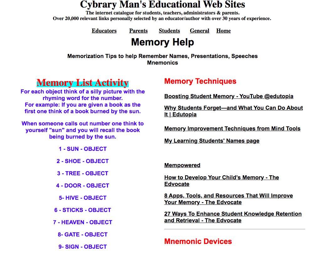 cybraryman1's tweet image. A7 I am a big believer in mnemonics &amp;amp; used them successfully with my daughter &amp;amp; students. Memory/Mnemonics page cybraryman.com/memory.html  Try Memory List Activity which Kindergarten students &amp;amp; up loved doing. My SS students never forgot my mnemonic CAM &amp;amp; PIP #elemEDUmeet