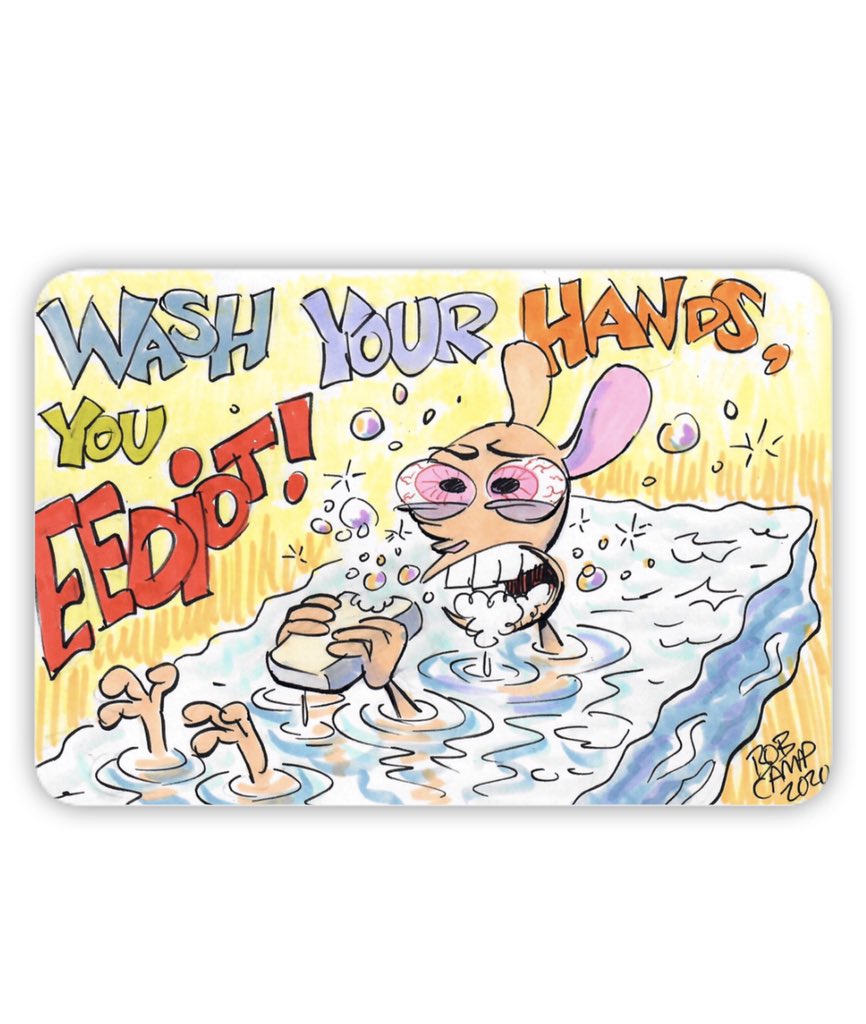 michelefire's tweet photo. Wash Your Hands! Magnets in stock and on sale @ https://t.co/pX01kfWD9a, each one autographed by Bob Camp! Face masks on sale too 😷#bobcamp #renandstimpy be an #Eediot not a #COVIDIDIOTS  #nickelodeon #90s #cartoon #animations #geeks #funny #COVID #MasksOn https://t.co/CMbyb8OrEa