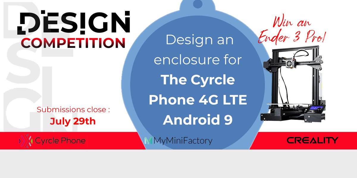 TheCyrclePhone's tweet photo. Looking to flex your #3D skills? Try your hand at designing an enclosure for @TheCyrclePhone #4G #LTE #Android 9 and gain exposure for your work. Whether you're a newbie or pro, this contest is for you.
Plus, you could win a @Creality3dprint Ender 3 Pro!

https://t.co/I35V6eu5mK https://t.co/69mBdpxv4v