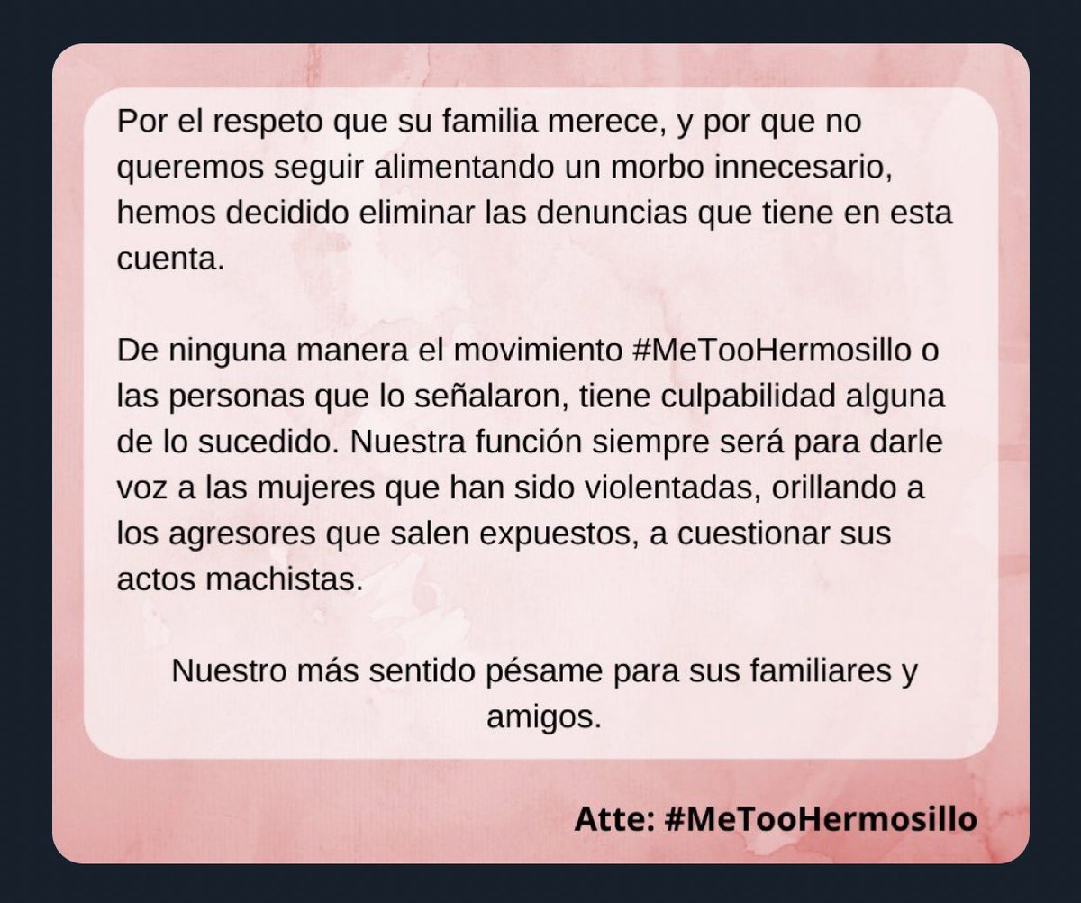 michelleriveraa's tweet photo. Hombre denunciado ante la plataforma #MeTooHermosillo se quitó la vida esta mañana. https://t.co/HW5aSUyvq3