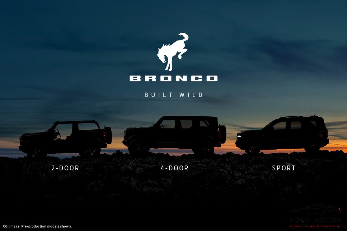 soloautos_mx's tweet photo. La emblemática Ford Bronco será develada el próximo 13 de Junio del presente año. Hasta hoy sabemos que vendrán tres diferentes modelos: 2 puertas, 4 puertas y Sport. https://t.co/VRu3UuhmWm
