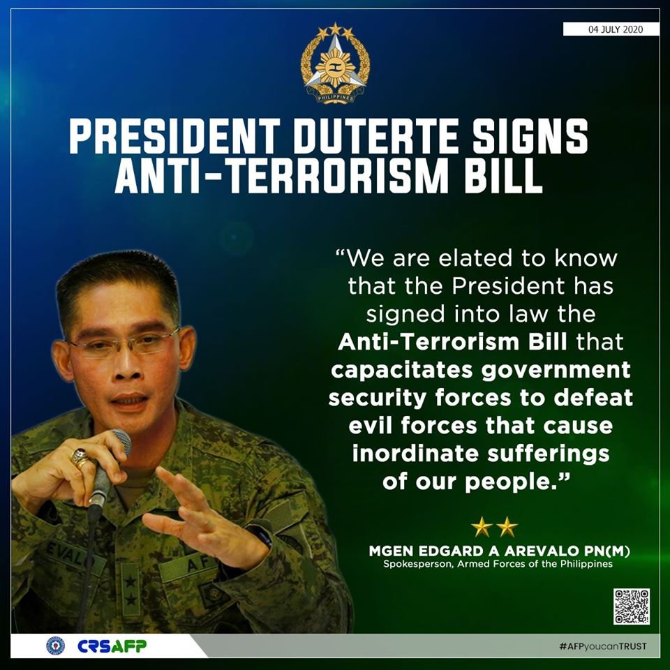 We support the Anti-Terrorism Act of 2020.

Photo from: Civil Relations Service AFP (<a href="/CRSAFP/">CRSAFP</a> )