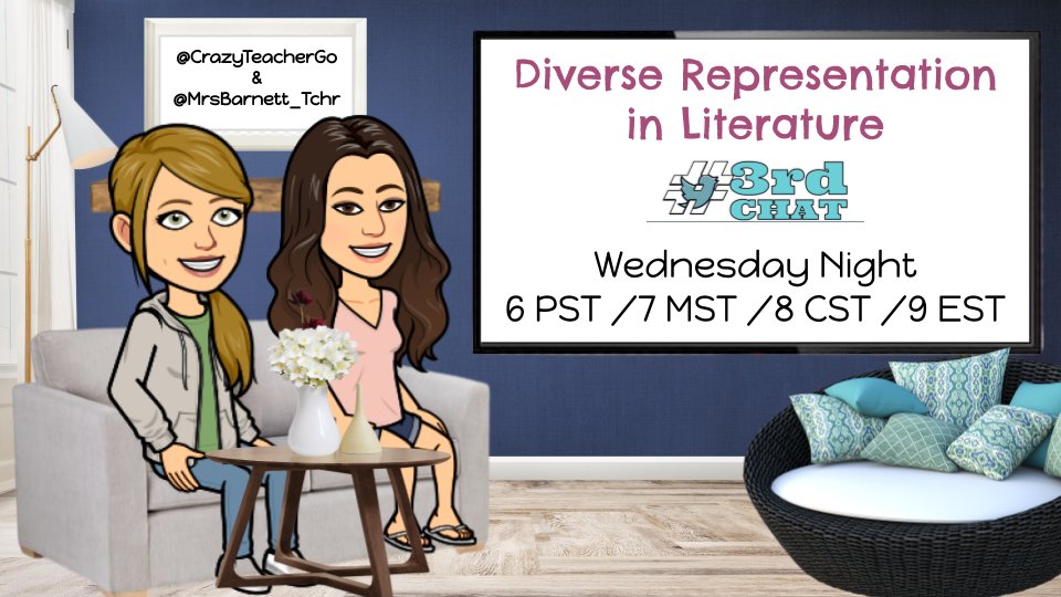 MrsBarnett_Tchr's tweet image. 😊 Join #3rdChat on Wednesday Night as we discuss "Diverse Representation in Literature"

Tell A Friend and Mark Your Calendar 🗓️

#elemEDUmeet #KidLit #TeacherPD #ReadCommunity
