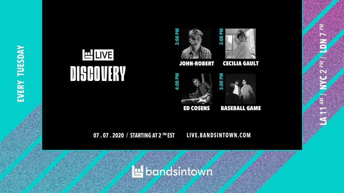 Bitforartists's tweet photo. Discover new tunes, new artists, and your new muse with Bandsintown Live: Discovery! Live tomorrow, watch performances from @johnrobert, @CeciliaGault, @edcosens, and @baseballgame_ ⚾ 

Only on https://t.co/gomWSl1KaE https://t.co/qnW7BLF6pM