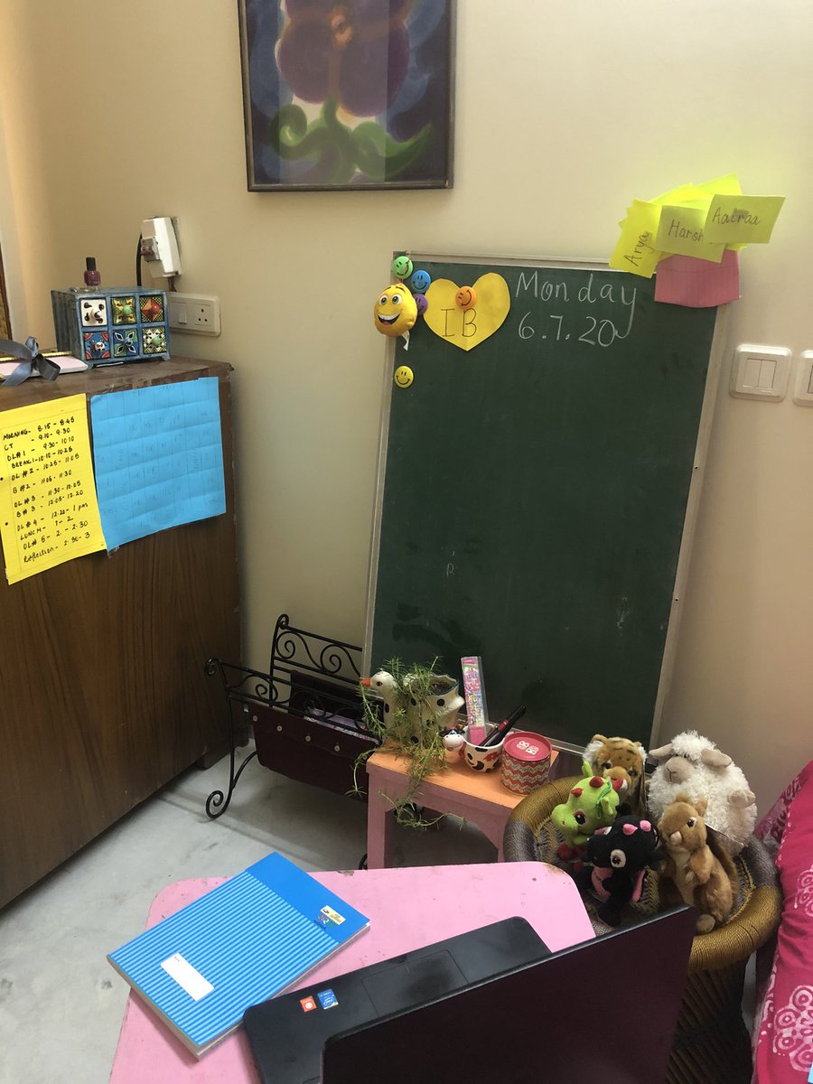 nupur05's tweet image. 1st day post summer break with a longer schedule for my class of 6 yr olds. Good old chalk days. Grabbed a corner in the house what with my twins also  in their online lessons. Few glitches on the shared platform ;a good day nevertheless !🌺
#OnlineClasses #earlyyears #pypatggs
