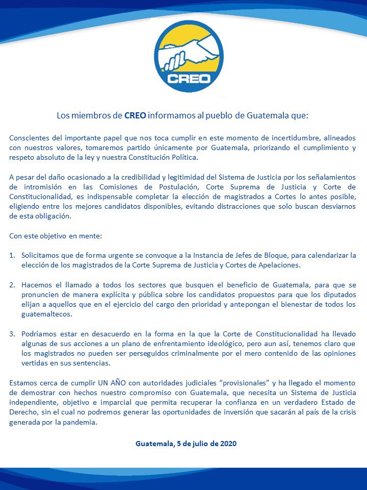 Conscientes del importante papel que nos toca cumplir en este momento de incertidumbre, alineados con nuestros valores, tomaremos partido únicamente por Guatemala, priorizando el cumplimiento y respeto absoluto de la ley y nuestra Constitución Política.
