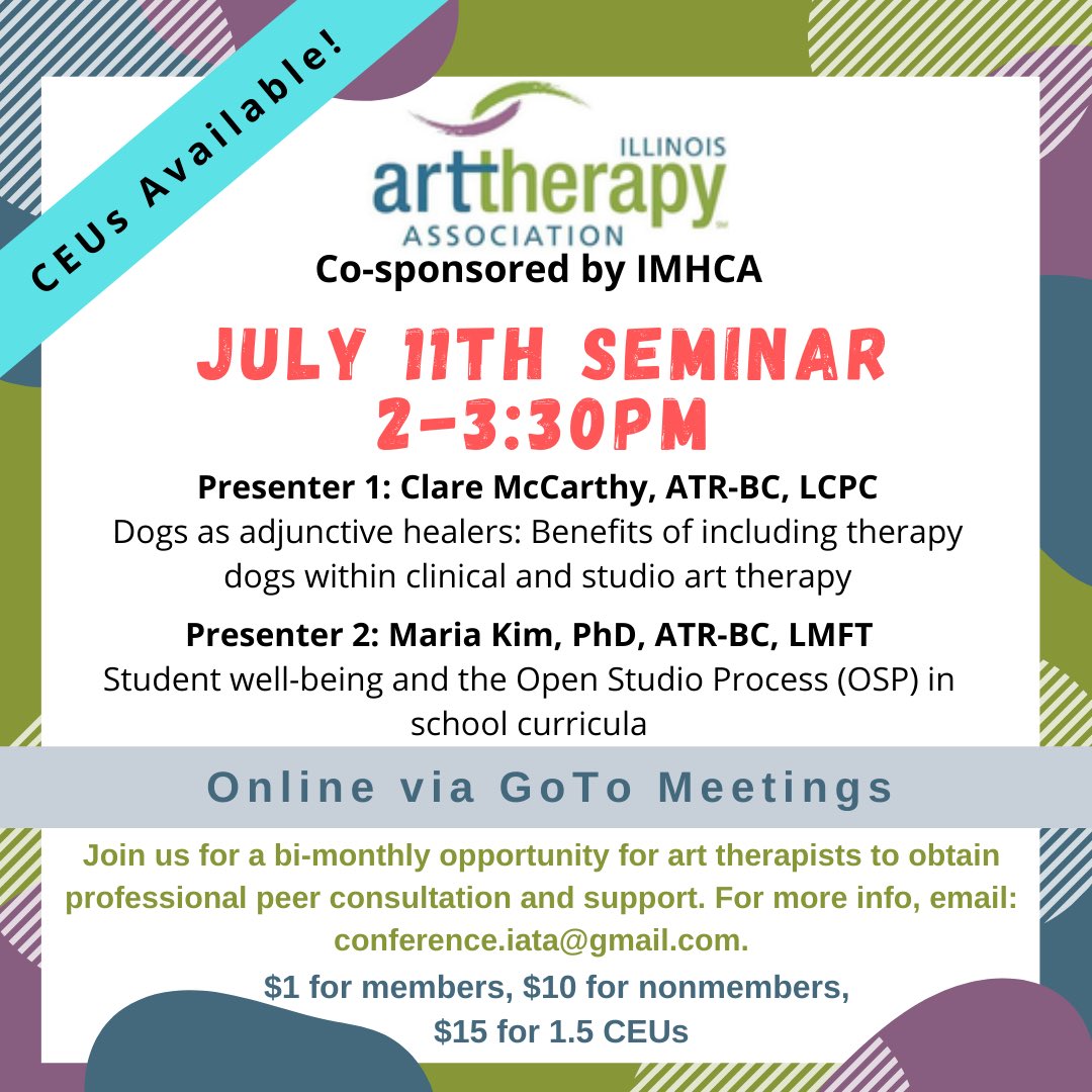 ILArtTherapy's tweet photo. Coming up on SATURDAY! Join us for 2 online presentations by fellow Art Therapists and earn CEUs! #arttherapy #illinoisarttherapyassociation #professionaldevelopment https://t.co/BolU5S8mSE