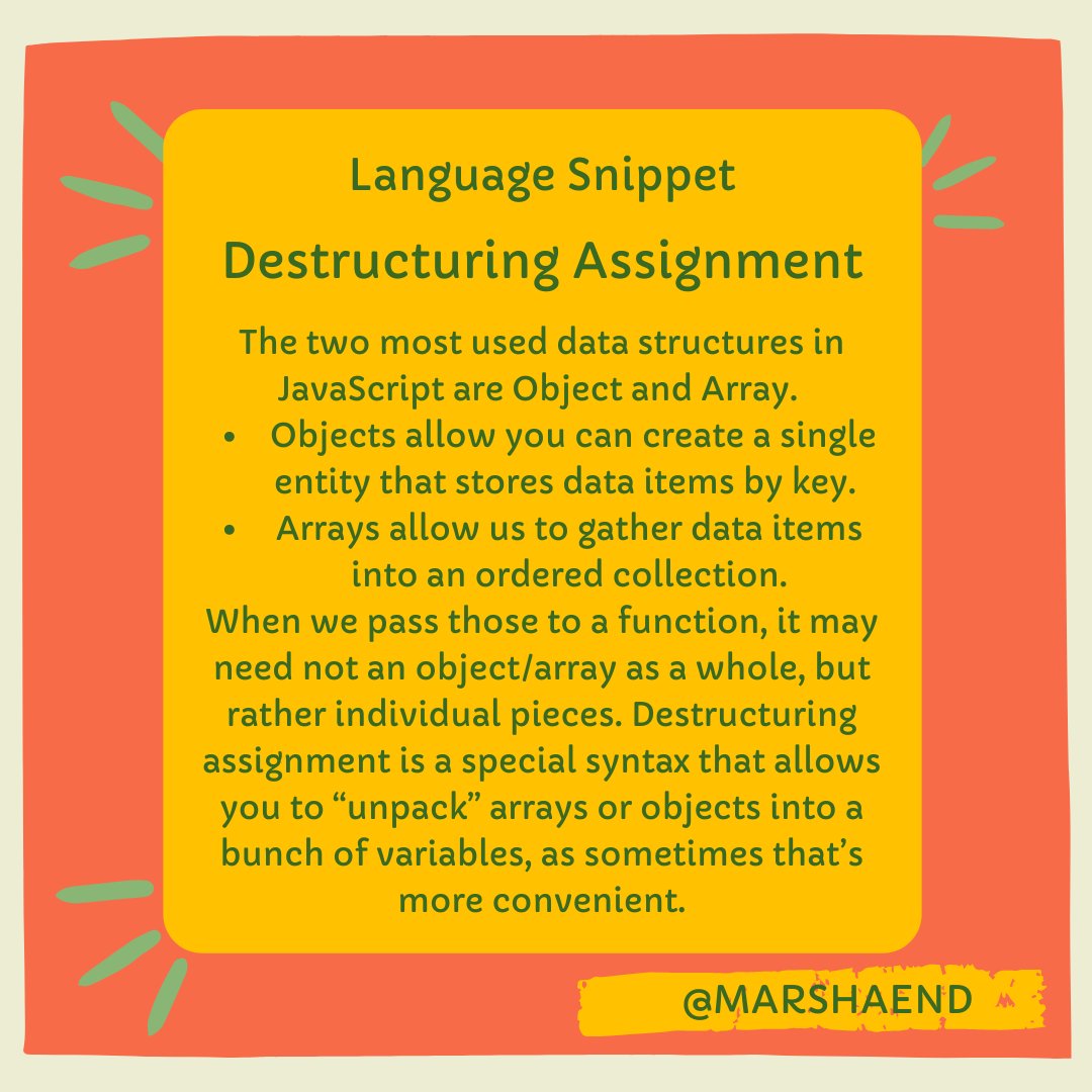 MarshaCodes's tweet photo. The Destructuring Assignment in JavaScript, is something I recognize &amp; have used &amp; now I can explain why it's so useful, yay! I hope this helps you too 😊 #womenwhocode #MomsWhoCode, #BlackTechTwitter #codenewbie #javascript #speakcode #destructuring https://t.co/OJa06iroDO