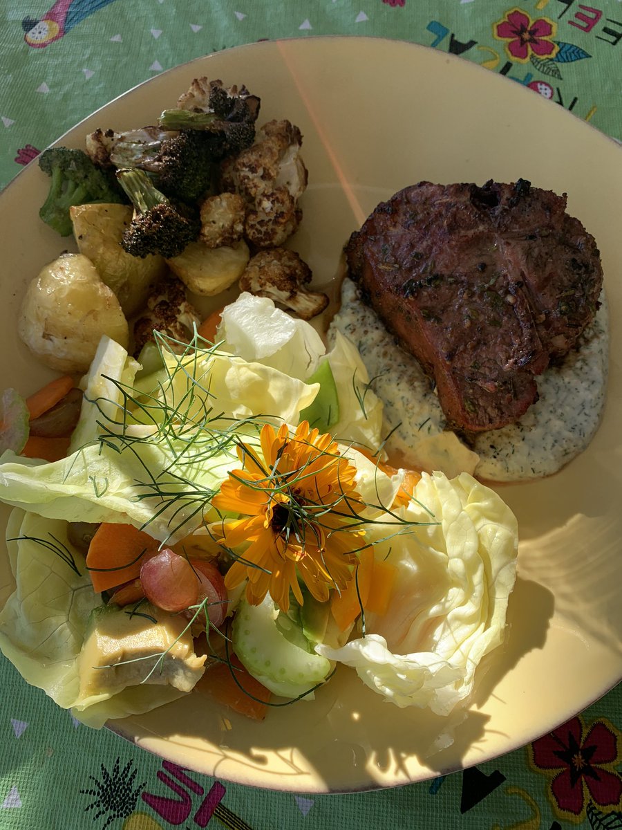 GrahamDeLaet's tweet photo. Rosemary and thyme lamb loin chops on @BigGreenEgg . Fresh veggies and edible flowers out of the garden. Finished off with our favourite Napa winery @JamesColeWinery. #NailingLife #BoiseSummers https://t.co/eVUMYYpFp5