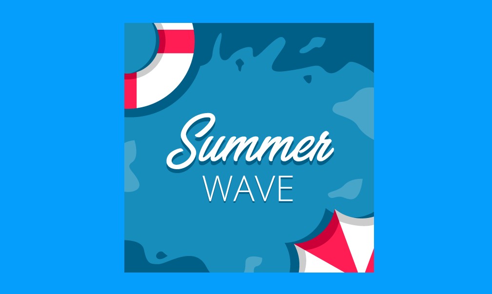 an illustration of a pool with a beach umbruela in one corner and a life saver in the other corner