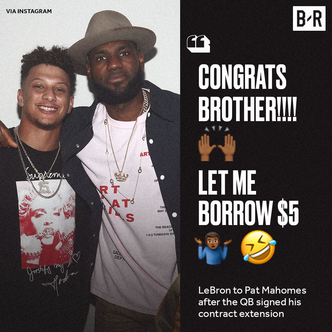 BleacherReport's tweet photo. Bron asked for a piece of Mahomes' bag 😂 https://t.co/l9NzLKgFeO