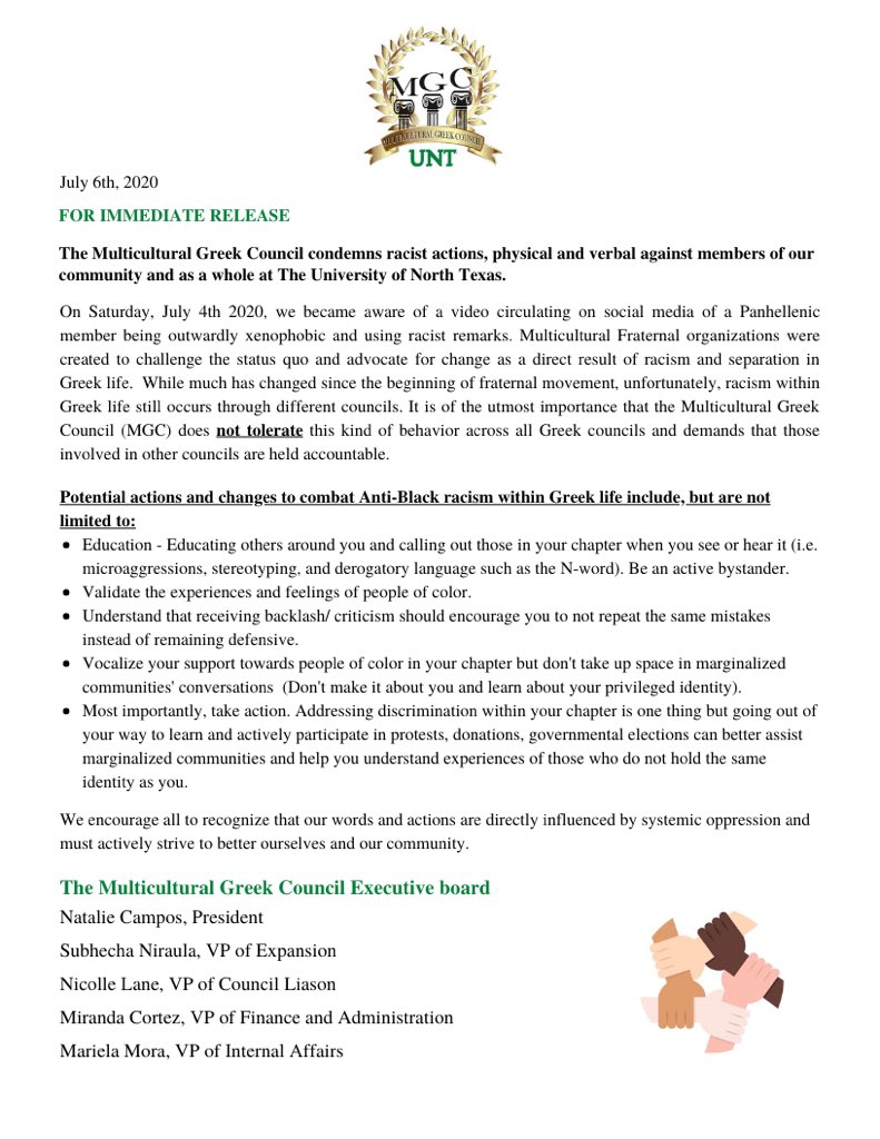 Multicultural Greek Council (MGC) does not tolerate racism and xenophobic rhetoric made by members of any greek council and demand that those involved are held accountable.