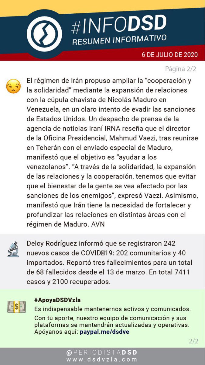 PeriodistaDSD's tweet photo. #6Jul Comparte en tus chats e historias de redes sociales nuestro Resumen Informativo #InfoDSD

Información precisa y veraz 🇻🇪🗞

#SinLuz #COVIDー19 #BenditaCuarentena https://t.co/G1J6TC5y80